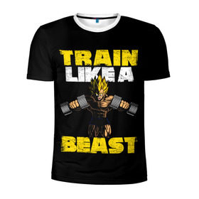 Мужская футболка 3D спортивная с принтом Train Like a Beast в Белгороде, 100% полиэстер с улучшенными характеристиками | приталенный силуэт, круглая горловина, широкие плечи, сужается к линии бедра | dragon ball | strong | workout | воркаут | драгон бол