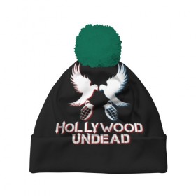 Шапка 3D c помпоном с принтом Hollywood Undead в Белгороде, 100% полиэстер | универсальный размер, печать по всей поверхности изделия | hollywood undead