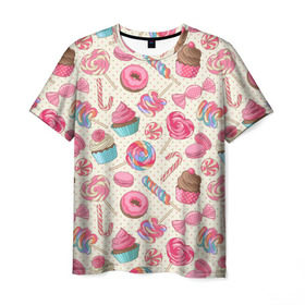 Мужская футболка 3D с принтом Радости и сладости в Белгороде, 100% полиэфир | прямой крой, круглый вырез горловины, длина до линии бедер | Тематика изображения на принте: глазурь | кексы | конфеты | леденцы | пончик | сладости