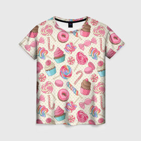 Женская футболка 3D с принтом Радости и сладости в Белгороде, 100% полиэфир ( синтетическое хлопкоподобное полотно) | прямой крой, круглый вырез горловины, длина до линии бедер | глазурь | кексы | конфеты | леденцы | пончик | сладости