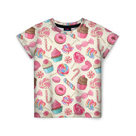 Детская футболка 3D с принтом Радости и сладости в Белгороде, 100% гипоаллергенный полиэфир | прямой крой, круглый вырез горловины, длина до линии бедер, чуть спущенное плечо, ткань немного тянется | Тематика изображения на принте: глазурь | кексы | конфеты | леденцы | пончик | сладости