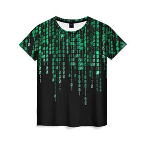 Женская футболка 3D с принтом Матрица в Белгороде, 100% полиэфир ( синтетическое хлопкоподобное полотно) | прямой крой, круглый вырез горловины, длина до линии бедер | background | black | green | matrix | movie | numbers | зеленые | матрица | фильм | фон | цифры | черный