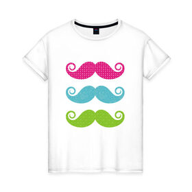 Женская футболка хлопок с принтом Разноцветные усы в Белгороде, 100% хлопок | прямой крой, круглый вырез горловины, длина до линии бедер, слегка спущенное плечо | 