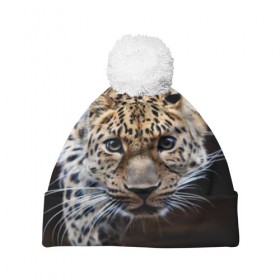 Шапка 3D c помпоном с принтом Леопард в Белгороде, 100% полиэстер | универсальный размер, печать по всей поверхности изделия | взгляд | глаза | дикая кошка | леопард | хищник