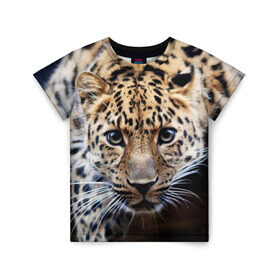 Детская футболка 3D с принтом Леопард в Белгороде, 100% гипоаллергенный полиэфир | прямой крой, круглый вырез горловины, длина до линии бедер, чуть спущенное плечо, ткань немного тянется | Тематика изображения на принте: взгляд | глаза | дикая кошка | леопард | хищник
