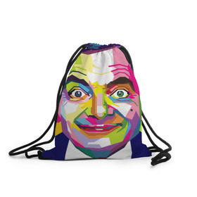 Рюкзак-мешок 3D с принтом Роуэн Аткинсон в Белгороде, 100% полиэстер | плотность ткани — 200 г/м2, размер — 35 х 45 см; лямки — толстые шнурки, застежка на шнуровке, без карманов и подкладки | an englishman | bean | bright | color | comedian | look | mr | paint | pop   art | portrait | rowan atkinson | англичанин | бин | взгляд | комик | краски | мистер | поп   арт | портрет | роуэн аткинсон | цвета | яркие