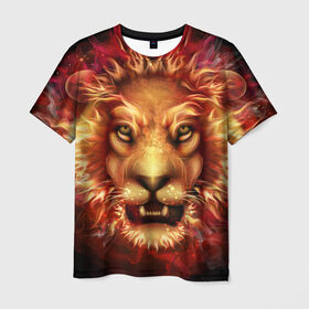 Мужская футболка 3D с принтом Огненный лев в Белгороде, 100% полиэфир | прямой крой, круглый вырез горловины, длина до линии бедер | animal | fire | flame | head | lion | look | predator | взгляд | голова | животное | лев | огненный | огонь | пламя | хищник