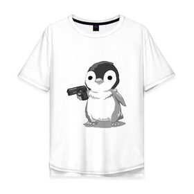 Мужская футболка хлопок Oversize с принтом пингвин в Белгороде, 100% хлопок | свободный крой, круглый ворот, “спинка” длиннее передней части | gun | penguin | shotgun | tmblr | tumbler | пингвин | пистолет
