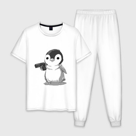 Мужская пижама хлопок с принтом пингвин в Белгороде, 100% хлопок | брюки и футболка прямого кроя, без карманов, на брюках мягкая резинка на поясе и по низу штанин
 | gun | penguin | shotgun | tmblr | tumbler | пингвин | пистолет