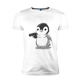 Мужская футболка премиум с принтом пингвин в Белгороде, 92% хлопок, 8% лайкра | приталенный силуэт, круглый вырез ворота, длина до линии бедра, короткий рукав | gun | penguin | shotgun | tmblr | tumbler | пингвин | пистолет