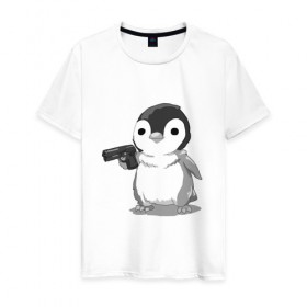 Мужская футболка хлопок с принтом пингвин в Белгороде, 100% хлопок | прямой крой, круглый вырез горловины, длина до линии бедер, слегка спущенное плечо. | gun | penguin | shotgun | tmblr | tumbler | пингвин | пистолет