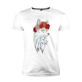 Мужская футболка премиум с принтом Лиса в Белгороде, 92% хлопок, 8% лайкра | приталенный силуэт, круглый вырез ворота, длина до линии бедра, короткий рукав | fox | животные | лиса | лисичка | лисы | осень | рыжая | фыр фыр | цветы