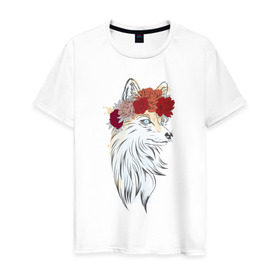 Мужская футболка хлопок с принтом Лиса в Белгороде, 100% хлопок | прямой крой, круглый вырез горловины, длина до линии бедер, слегка спущенное плечо. | Тематика изображения на принте: fox | животные | лиса | лисичка | лисы | осень | рыжая | фыр фыр | цветы