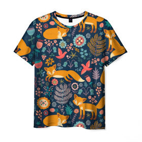 Мужская футболка 3D с принтом Лисички паттерн в Белгороде, 100% полиэфир | прямой крой, круглый вырез горловины, длина до линии бедер | Тематика изображения на принте: fox | животные | лиса | лисичка | лисы | осень | рыжая | фыр фыр | цветы