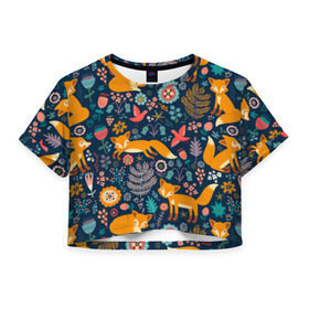 Женская футболка 3D укороченная с принтом Лисички паттерн в Белгороде, 100% полиэстер | круглая горловина, длина футболки до линии талии, рукава с отворотами | fox | животные | лиса | лисичка | лисы | осень | рыжая | фыр фыр | цветы