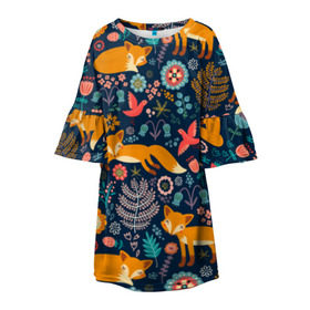 Детское платье 3D с принтом Лисички паттерн в Белгороде, 100% полиэстер | прямой силуэт, чуть расширенный к низу. Круглая горловина, на рукавах — воланы | Тематика изображения на принте: fox | животные | лиса | лисичка | лисы | осень | рыжая | фыр фыр | цветы
