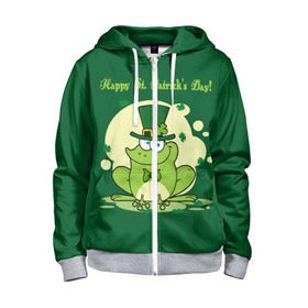 Детская толстовка 3D на молнии с принтом Ирландия в Белгороде, 100% полиэстер |  манжеты и пояс оформлены широкой мягкой резинкой, двухслойный капюшон со шнурком для регулировки, спереди карманы и застежка-молния
 | clover | frog | green | happy st. patricks day | ireland | irish | moon | день святого патрика | зелёная | ирландец | ирландия | клевер | луна | лягушка | счастливый | шляпа