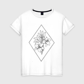Женская футболка хлопок с принтом Белая лилия в Белгороде, 100% хлопок | прямой крой, круглый вырез горловины, длина до линии бедер, слегка спущенное плечо | 