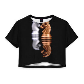 Женская футболка 3D укороченная с принтом Ход конём в Белгороде, 100% полиэстер | круглая горловина, длина футболки до линии талии, рукава с отворотами | 64 | chess | игра | конь | спорт | фигура | шахматы
