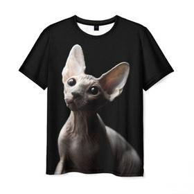 Мужская футболка 3D с принтом Сфинкс в Белгороде, 100% полиэфир | прямой крой, круглый вырез горловины, длина до линии бедер | black | cat | взгляд | кот | котик | котэ | кошка | сфинкс | уши | черный