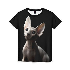 Женская футболка 3D с принтом Сфинкс в Белгороде, 100% полиэфир ( синтетическое хлопкоподобное полотно) | прямой крой, круглый вырез горловины, длина до линии бедер | black | cat | взгляд | кот | котик | котэ | кошка | сфинкс | уши | черный