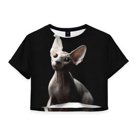 Женская футболка 3D укороченная с принтом Сфинкс в Белгороде, 100% полиэстер | круглая горловина, длина футболки до линии талии, рукава с отворотами | black | cat | взгляд | кот | котик | котэ | кошка | сфинкс | уши | черный