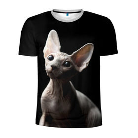Мужская футболка 3D спортивная с принтом Сфинкс в Белгороде, 100% полиэстер с улучшенными характеристиками | приталенный силуэт, круглая горловина, широкие плечи, сужается к линии бедра | Тематика изображения на принте: black | cat | взгляд | кот | котик | котэ | кошка | сфинкс | уши | черный