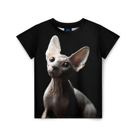 Детская футболка 3D с принтом Сфинкс в Белгороде, 100% гипоаллергенный полиэфир | прямой крой, круглый вырез горловины, длина до линии бедер, чуть спущенное плечо, ткань немного тянется | black | cat | взгляд | кот | котик | котэ | кошка | сфинкс | уши | черный
