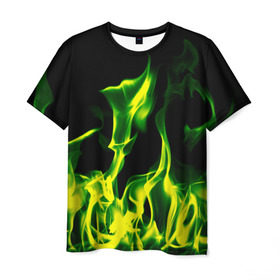 Мужская футболка 3D с принтом Зелёный огонь в Белгороде, 100% полиэфир | прямой крой, круглый вырез горловины, длина до линии бедер | Тематика изображения на принте: пламя | черный | яркий