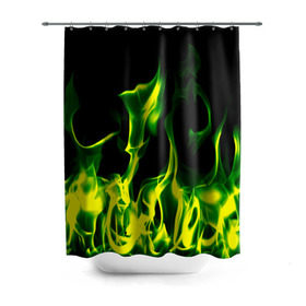 Штора 3D для ванной с принтом Зелёный огонь в Белгороде, 100% полиэстер | плотность материала — 100 г/м2. Стандартный размер — 146 см х 180 см. По верхнему краю — пластиковые люверсы для креплений. В комплекте 10 пластиковых колец | Тематика изображения на принте: пламя | черный | яркий