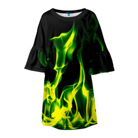 Детское платье 3D с принтом Зелёный огонь в Белгороде, 100% полиэстер | прямой силуэт, чуть расширенный к низу. Круглая горловина, на рукавах — воланы | Тематика изображения на принте: пламя | черный | яркий