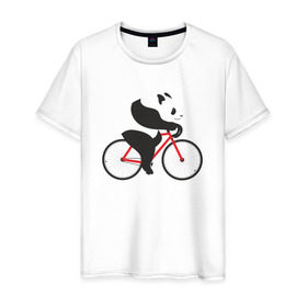 Мужская футболка хлопок с принтом Панда на велосипеде в Белгороде, 100% хлопок | прямой крой, круглый вырез горловины, длина до линии бедер, слегка спущенное плечо. | велик | велосипед | медведь | мишка | панда