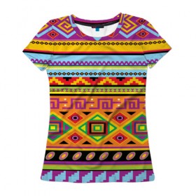 Женская футболка 3D с принтом Этнический орнамент в Белгороде, 100% полиэфир ( синтетическое хлопкоподобное полотно) | прямой крой, круглый вырез горловины, длина до линии бедер | пестрый | разноцветный | яркий