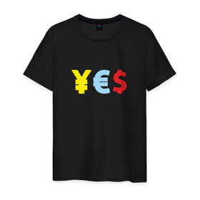 Мужская футболка хлопок с принтом YES! йена, доллар, евро в Белгороде, 100% хлопок | прямой крой, круглый вырез горловины, длина до линии бедер, слегка спущенное плечо. | америка | бакс | валюта | доллар | евро | европа | сша | штаты | япония