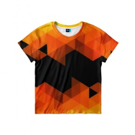 Детская футболка 3D с принтом Trianse Orange в Белгороде, 100% гипоаллергенный полиэфир | прямой крой, круглый вырез горловины, длина до линии бедер, чуть спущенное плечо, ткань немного тянется | Тематика изображения на принте: оранжевый | полигоны | треугольники | черный