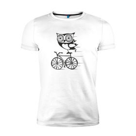 Мужская футболка премиум с принтом Сова на велосипеде в Белгороде, 92% хлопок, 8% лайкра | приталенный силуэт, круглый вырез ворота, длина до линии бедра, короткий рукав | bird | owl | няша | птица | сова | совунья | совушка | сыч