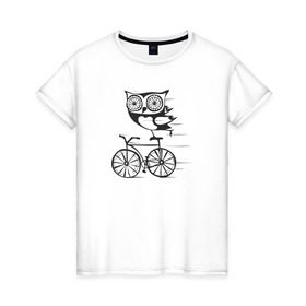 Женская футболка хлопок с принтом Сова на велосипеде в Белгороде, 100% хлопок | прямой крой, круглый вырез горловины, длина до линии бедер, слегка спущенное плечо | bird | owl | няша | птица | сова | совунья | совушка | сыч