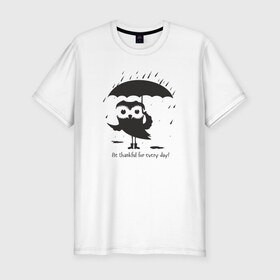 Мужская футболка премиум с принтом Счастливая сова с зонтиком в Белгороде, 92% хлопок, 8% лайкра | приталенный силуэт, круглый вырез ворота, длина до линии бедра, короткий рукав | bird | owl | няша | птица | сова | совунья | совушка | сыч
