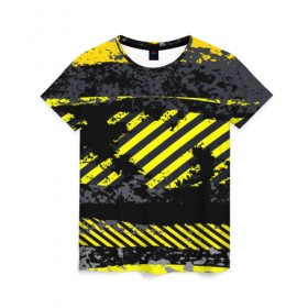 Женская футболка 3D с принтом Grunge Line в Белгороде, 100% полиэфир ( синтетическое хлопкоподобное полотно) | прямой крой, круглый вырез горловины, длина до линии бедер | желтый | полосы | серый | черный