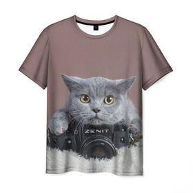 Мужская футболка 3D с принтом Котик фотограф в Белгороде, 100% полиэфир | прямой крой, круглый вырез горловины, длина до линии бедер | кот | котик | кошка | объектив | фотоаппарат | фотограф