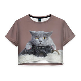 Женская футболка 3D укороченная с принтом Котик фотограф в Белгороде, 100% полиэстер | круглая горловина, длина футболки до линии талии, рукава с отворотами | кот | котик | кошка | объектив | фотоаппарат | фотограф