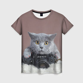 Женская футболка 3D с принтом Котик фотограф в Белгороде, 100% полиэфир ( синтетическое хлопкоподобное полотно) | прямой крой, круглый вырез горловины, длина до линии бедер | кот | котик | кошка | объектив | фотоаппарат | фотограф