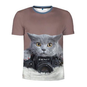 Мужская футболка 3D спортивная с принтом Котик фотограф в Белгороде, 100% полиэстер с улучшенными характеристиками | приталенный силуэт, круглая горловина, широкие плечи, сужается к линии бедра | кот | котик | кошка | объектив | фотоаппарат | фотограф