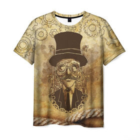 Мужская футболка 3D с принтом Стимпанк человек в Белгороде, 100% полиэфир | прямой крой, круглый вырез горловины, длина до линии бедер | steampunk | steampunk man | в цилиндре | в шляпе | канат | механизм | стимпанк | усы | человек