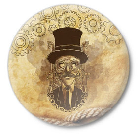 Значок с принтом Стимпанк человек в Белгороде,  металл | круглая форма, металлическая застежка в виде булавки | steampunk | steampunk man | в цилиндре | в шляпе | канат | механизм | стимпанк | усы | человек