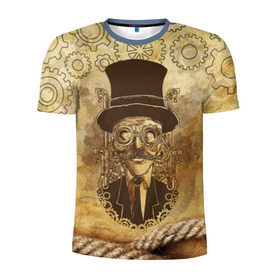 Мужская футболка 3D спортивная с принтом Стимпанк человек в Белгороде, 100% полиэстер с улучшенными характеристиками | приталенный силуэт, круглая горловина, широкие плечи, сужается к линии бедра | steampunk | steampunk man | в цилиндре | в шляпе | канат | механизм | стимпанк | усы | человек