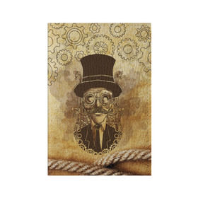 Обложка для паспорта матовая кожа с принтом Стимпанк человек в Белгороде, натуральная матовая кожа | размер 19,3 х 13,7 см; прозрачные пластиковые крепления | steampunk | steampunk man | в цилиндре | в шляпе | канат | механизм | стимпанк | усы | человек