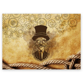 Поздравительная открытка с принтом Стимпанк человек в Белгороде, 100% бумага | плотность бумаги 280 г/м2, матовая, на обратной стороне линовка и место для марки
 | steampunk | steampunk man | в цилиндре | в шляпе | канат | механизм | стимпанк | усы | человек