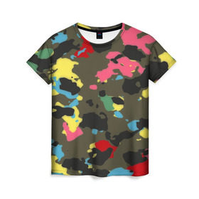Женская футболка 3D с принтом Цветной камуфляж в Белгороде, 100% полиэфир ( синтетическое хлопкоподобное полотно) | прямой крой, круглый вырез горловины, длина до линии бедер | маскировка | пестрый | разноцветный | яркий