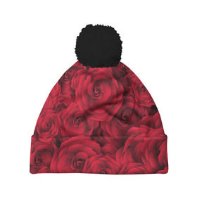 Шапка 3D c помпоном с принтом Красные розы в Белгороде, 100% полиэстер | универсальный размер, печать по всей поверхности изделия | Тематика изображения на принте: любовь | мозаика | розы | сердце | узор